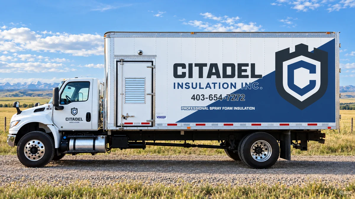 Citadel Insulation branded box truck with blue and charcoal graphics beside a prairie field